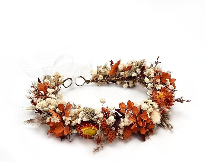 Preserved Dried Flower Crown,Burnt Orange Terracotta Cream, Rustic Wedding Wreath Headband for Brides Bridesmaids Maternity Family Photography
