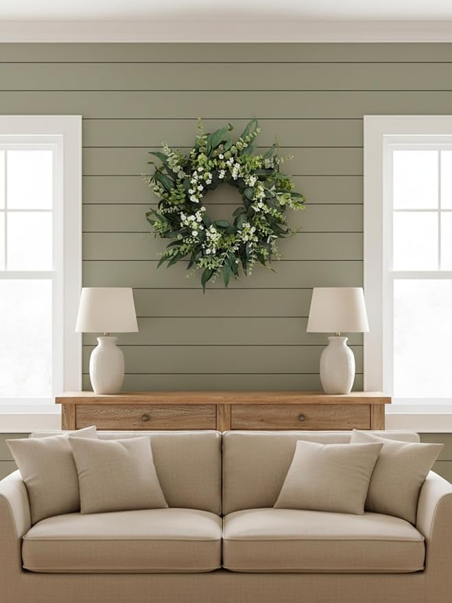 26" Eucalyptus Wreath for Front Door, Full Greenery Wreath with Baby’s Breath, Farmhouse Door Wreath, Year Round Spring Summer Wreath, Indoor Outdoor Home Decor