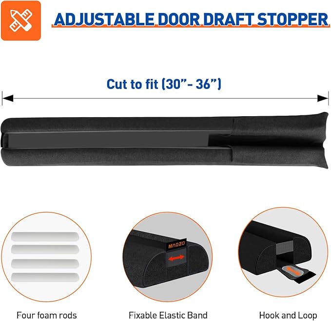 MAGZO Door Draft Stopper, 36 Inch Adjustable Under Door Gap Filler, Fits 30'' - 36'' Bottom Widths, Seals Gaps up to 1.7", Soundproof Sweep Blocks Air, Noise, Light, Dust- Black