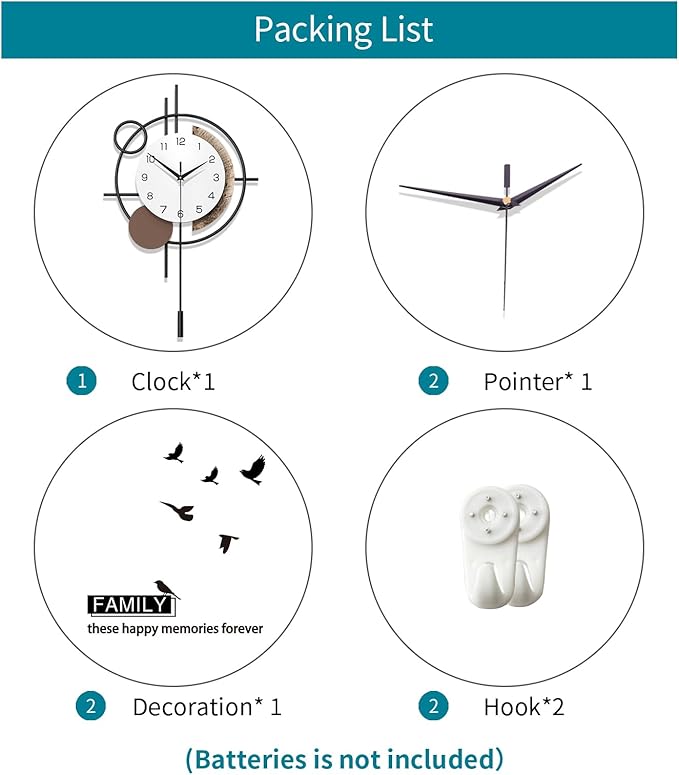 Wall Clock Decorative Modern Wall Clocks with Pendulum Silent Non-Ticking Quartz Clock Battery Operated Large Clock for Living Room,Kitchen,Home,Bathroom,Bedroom Wall Art Decor