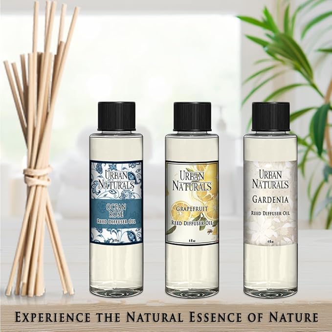 Urban Naturals Reed Diffuser Oil Refill, Mahogany Coconut Diffuser Oils with Sandalwood, Coconut, Oakmoss, 4 oz + Free Reed Sticks, Made in the USA