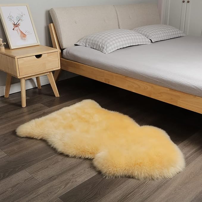 AOGELAN Premium Genuine Sheepskin Rug, Genuine Sheepskin Natural Fluffy Fuzzy Lambskin Fur Area Rug Seat Covers for Kids Bedroom Sofa Chair Cover Pets Dogs Mat Single Pelt/2' x 3' Golden Yellow