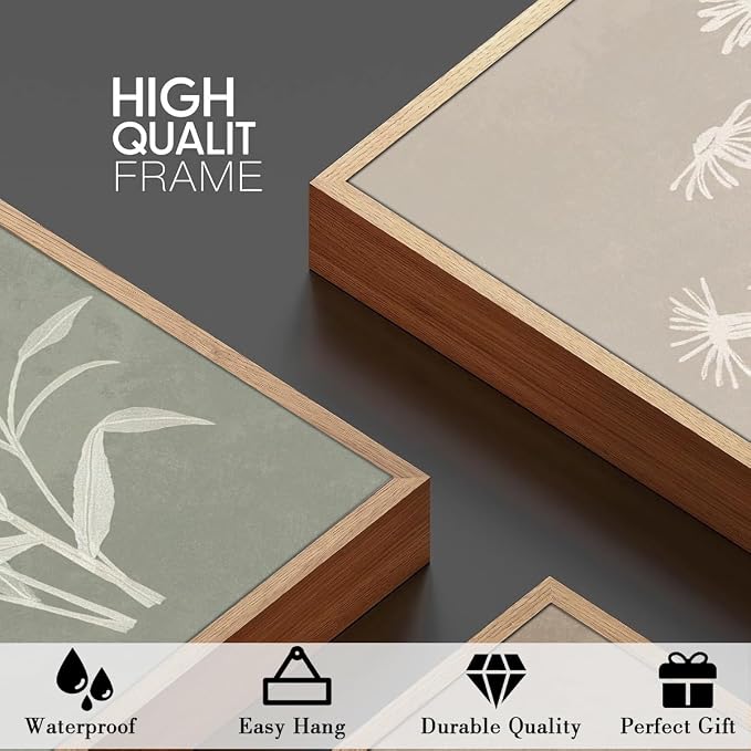 Anyzal Large Framed Boho Botanical Wall Art 16x24 Inch Neutral Plant Canvas Wall Decor Minimalist Floral Farmhouse Painting for Living Room Bedroom Dining Room Set of 3