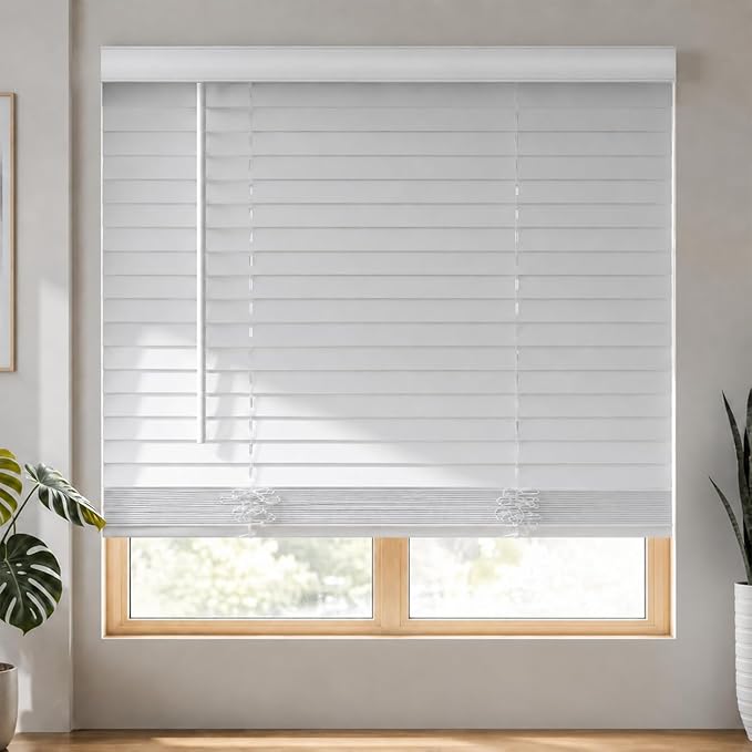 MYshade 2" Cordless Faux Wood Blinds, 33" W x 48" H, Slat Horizontal Blinds with Crown Valance, Room Darkening, Moisture Resistant, Window Blinds for Home Interior, White