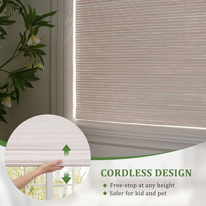 SEEYE Cordless Bamboo Blinds Shades, Light Filtering Bamboo Roller Shades Natural Roman Blind Shade, Roll Up Blind for Windows, Easy to Install for Door, Bedroom, 33" W x 64" H, White