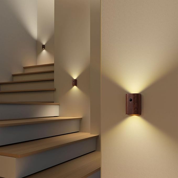 gernie 2Pcs Motion Sensor Night Light, USB Rechargeable Magnetic Wall LED Light Wooden Motion Sensor Stairway Night Light for Bathroom, Hallway, Stairs, Bedroom, Kitchen