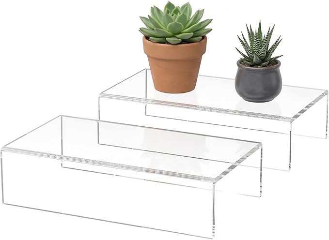 Sezanrpt Acrylic Shelf Riser 8x4.3x2 pack of 2, Clear Display Shelf 12” for Shoes, Glasses, Plants, Home Decors, Perfume, 8x4.3x2 Inch