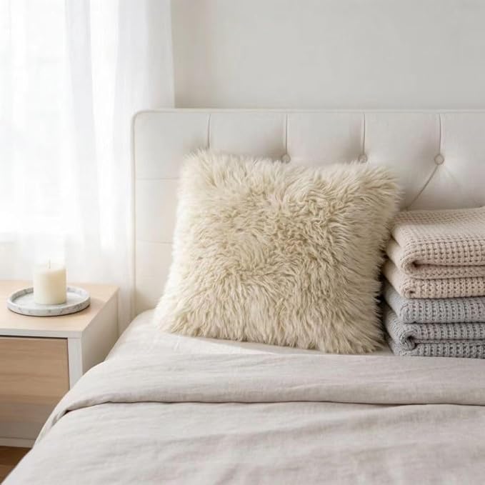 Luxury Soft Fur Sheepskin Fleece Cushion Cover Pillowcase Decorative Throw Pillows Covers, No Pillow Insert, (Cream Brown, Pack of 2)