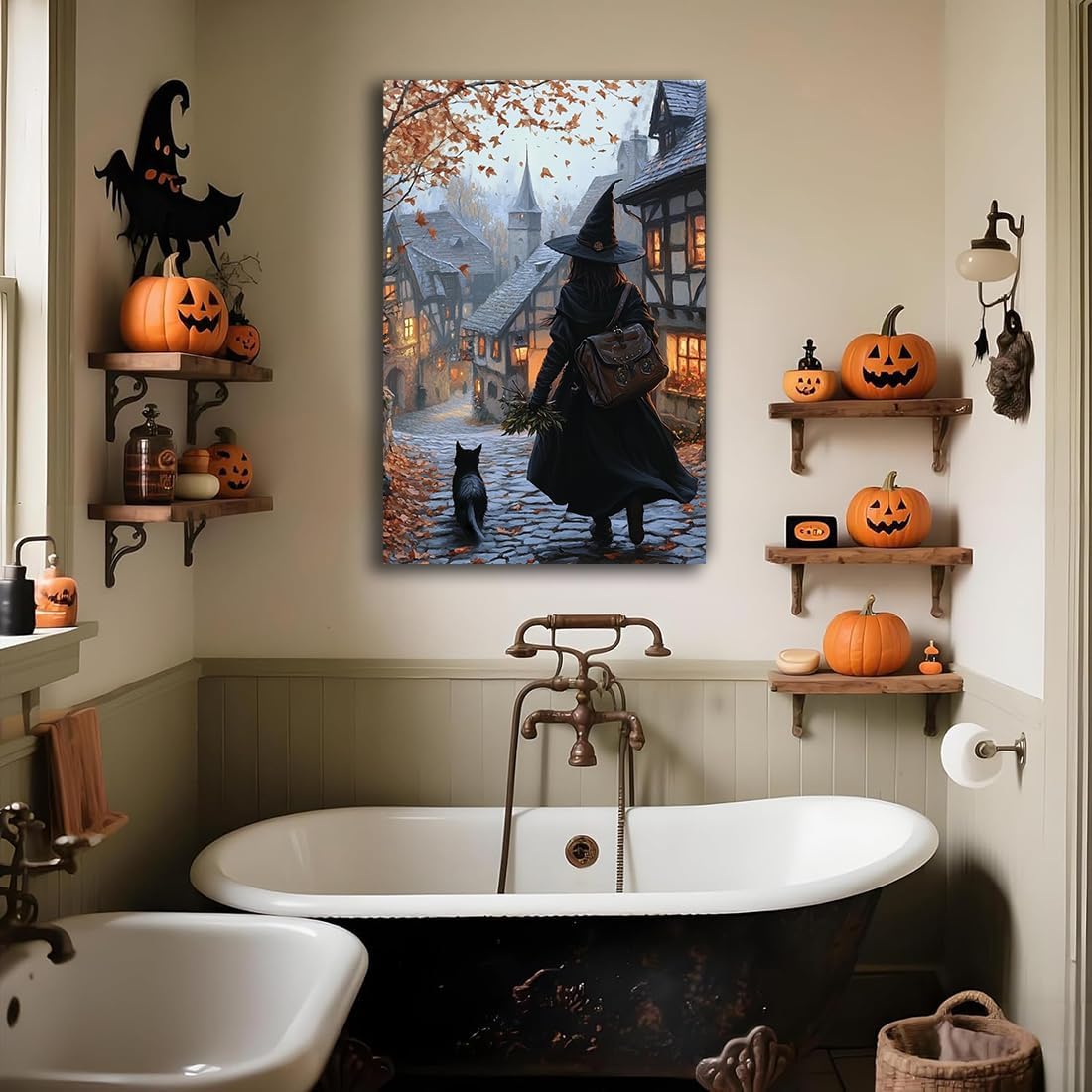 Autumn Witch And Black Cat Picture Wall Decor,Halloween Canvas Vintage Rustic Wall Art,Preppy Bedroom Living Room Bathroom Poster Print,12"x18" Framed