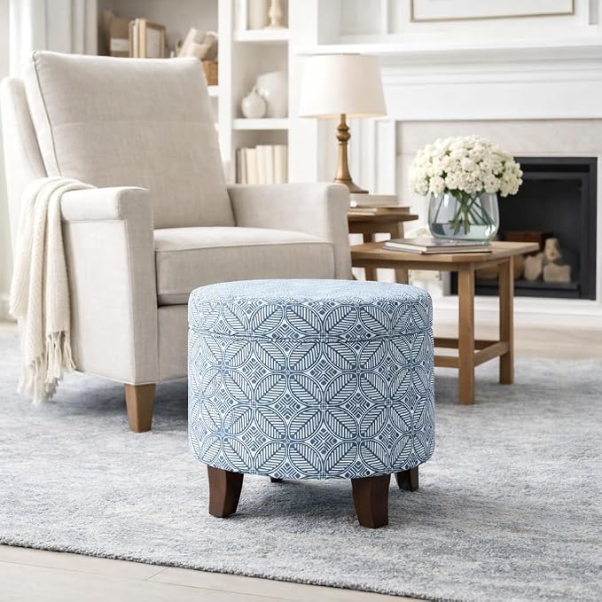 HomePop 19" Round Storage Ottoman - Blue Indigo Print