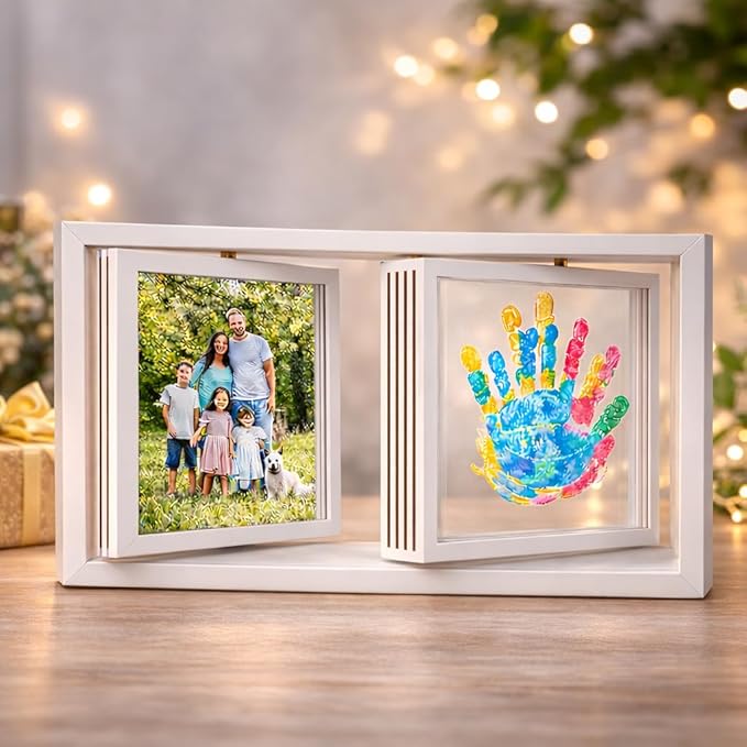 Family Handprint Frame Kit, Dual Rotating Photo & Handprint Display, DIY Keepsake Craft with Wooden Frame, Non-Toxic Paints, Baby Hand & Footprint Kit, Gift for Grandparents & New Parents (White)