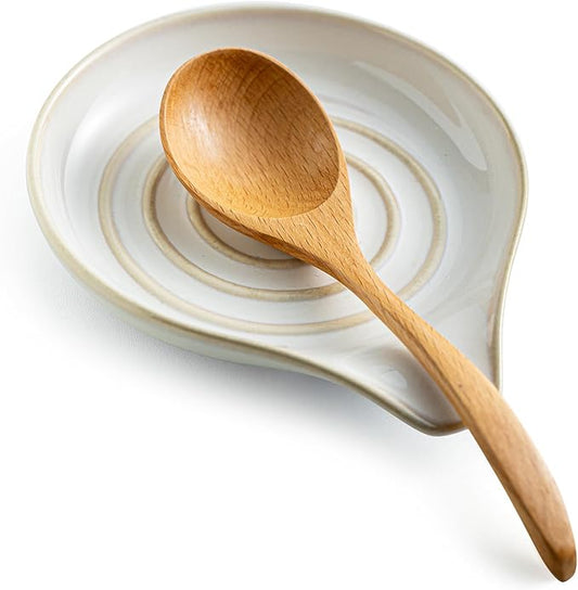 LAUCHUH Spoon Rest, Large Ceramic Spoon Holder for Kitchen Counter Spatula Rest Heat-Resistant Spoon Rest for Stove Top Cooking Utensil Holder, Farmhouse Kitchen Décor for Mother's Day, Cream, 5 Inch