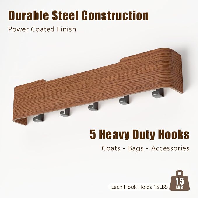 Coat Rack Wall Mount with Hidden Hooks, Wall Hooks with Shelf, Wall Key Holder Mount Wooden Shelf Entryway Hooks for Bedroom Bathroom for Hanging Coats Hats Bags Towels (Walnut, 5 Hooks)