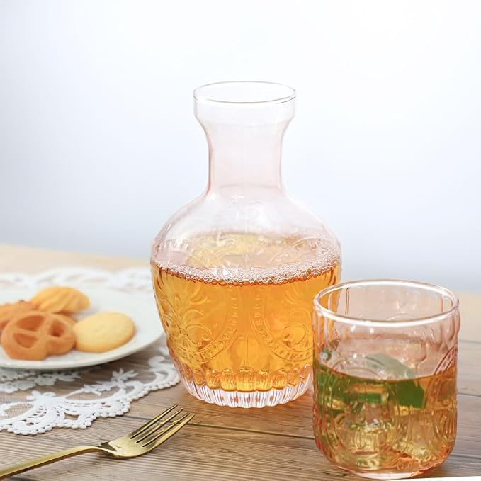Retro Relief Glass Bedside Night Water Carafe with Tumbler Glass, Pitcher And Cup Night Set-Pink