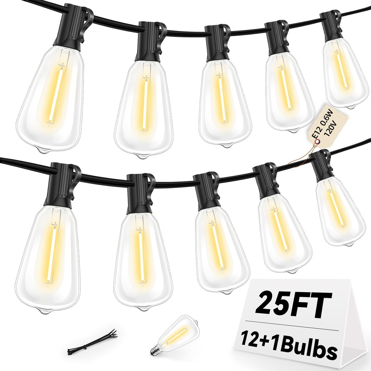 ST38 Outdoor String Lights 25FT with 12+1 LED Bulbs, E12 Socket, Waterproof Commercial Grade, 2700K Warm White for Garden, Backyard, Bistro, Patio, Porch, Deck, Gazebo, Wedding Decor