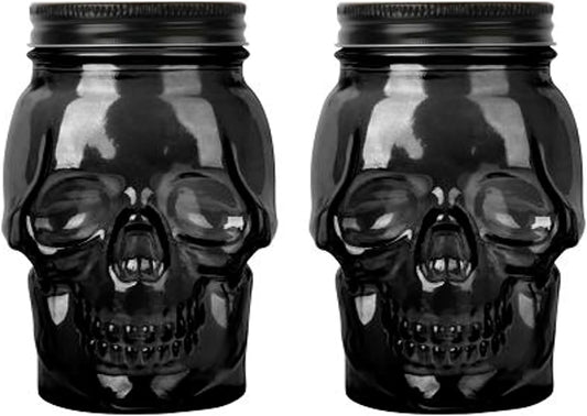 Set of 2 Skull Mason Jar Glasses with Lids | 42oz Reusable Halloween Drinking Glasses | Unique Skull Décor, Storage, & Canning Jars for Parties & Gifts