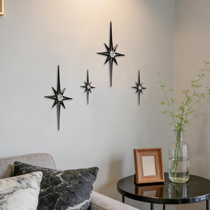 sxnzequnze 4 Pack Metal Star Wall Art 8 Pointed Starburst Wall Decor Set with 2 Large & 2 Small Pieces Mid Century Celestial Metal Wall Sculpture for Bedroom Living Room Office Gallery Wall