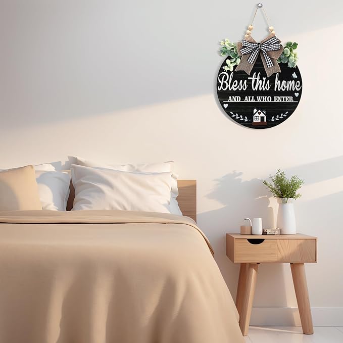 3D Bless This Home and All Who Enter Wooden Front Door Signs，Door Decorations Hanging,Christian Jesus Home Porch Wall Decor，Spring Wreaths，Door Wreaths for Front Door Outside All Season(Black)