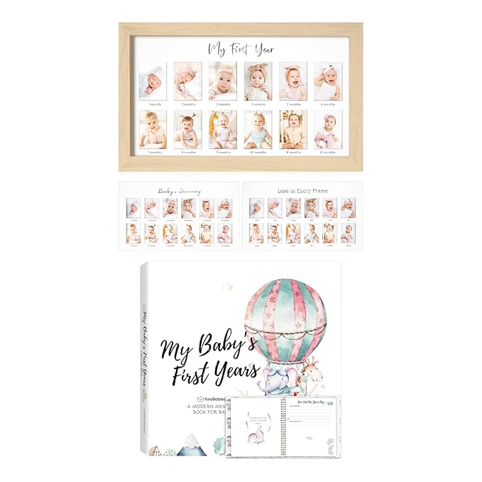 KeaBabies 12 Months Baby Picture Frame for Newborn Girl, Boy and First 5 Years Kids Memory Book - My First Year Photo Frame, Monthly Photo Keepsake - 90 Pages Keepsake Book