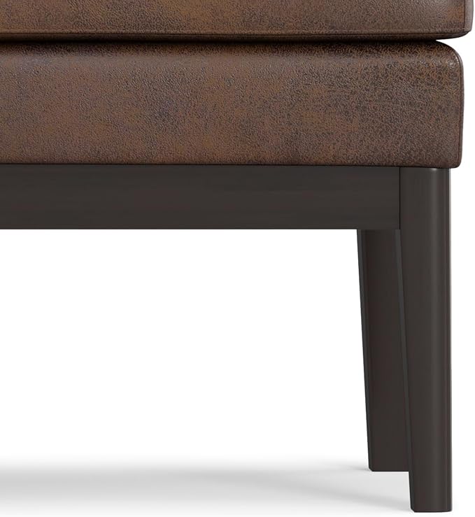 SIMPLIHOME Carlson Ottoman Bench - 45 inch Wide Upholstered Vegan Leather Rectangle Ottoman in Distressed Chestnut Brown, Mid Century Modern Bench for Bedroom or Living Room with Padded Seat