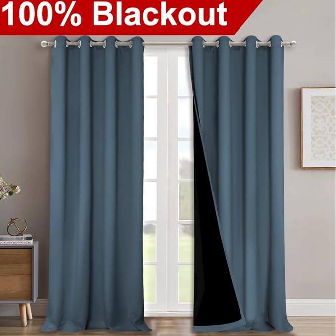 NICETOWN 100% Blackout Curtains for Windows, Pack of 2, Smoky Blue, 52" W x 102" L, Super Heavy-Duty Black Lined Total Darkness Drapes for Bedroom, Privacy Assured Window Treatment for Patio