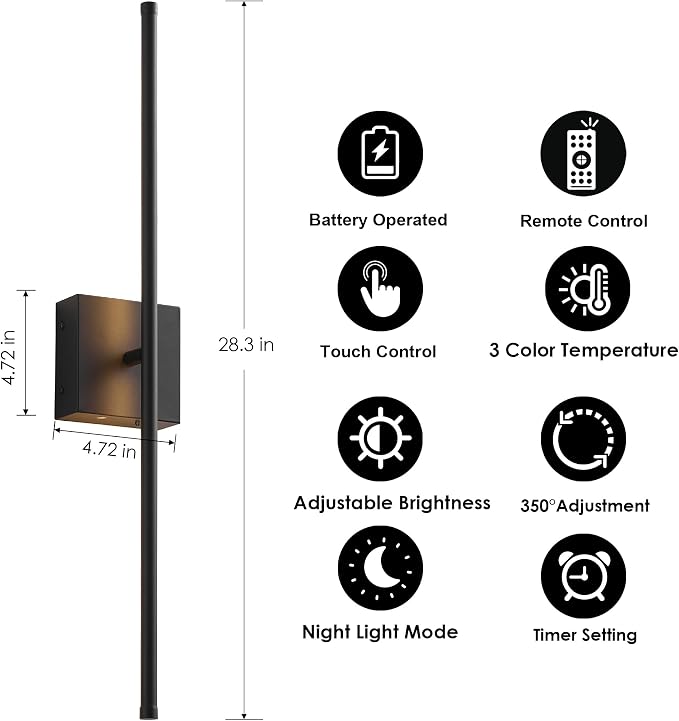 KARTOOSH Removable Battery Operated Wall Sconces with Remote Control, Stepless Colors 3000K-6000K & Dimming, 350°Rotate, LED Black Wireless Wall Light for Living Room, Bedroom, 28.3 Inch (2 Pack)