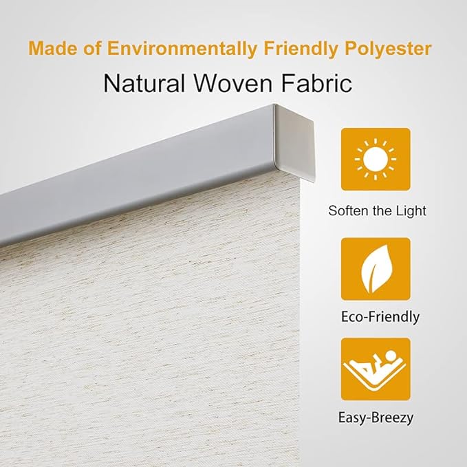 Persilux Light Filtering Roller Shades for Windows, Cordless Blinds, Natural Woven UV Protection Privacy Window Shades for Home Kitchen (Cream 61" W x 72" H)