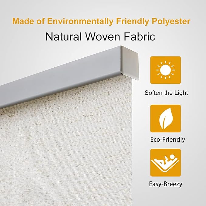 Persilux Window Shades Pull Down Roller Shades Light Filtering Roller Blinds Natural Woven UV Protection Privacy Cordless Window Blinds for Indoor Windows, Doors, Home (Cream 37" W x 72" H)