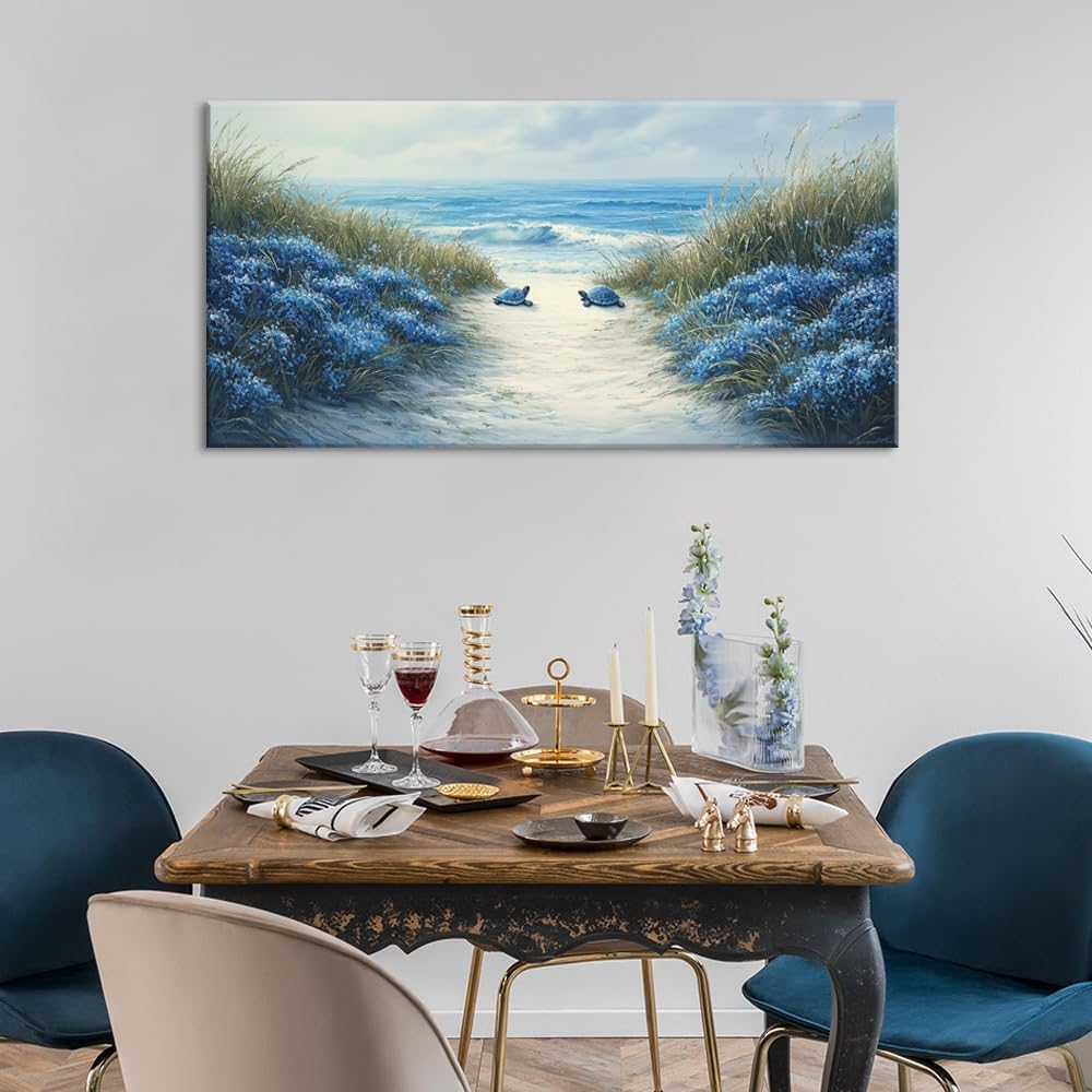 LASMOND Romantic Beach Wall Art for Living Room Blue Sea Turtle Lovers Canvas Painting Prints Ocean Sandy Romance Flowers Large Bedroom Office Decor Artwork (30x16 Inches)