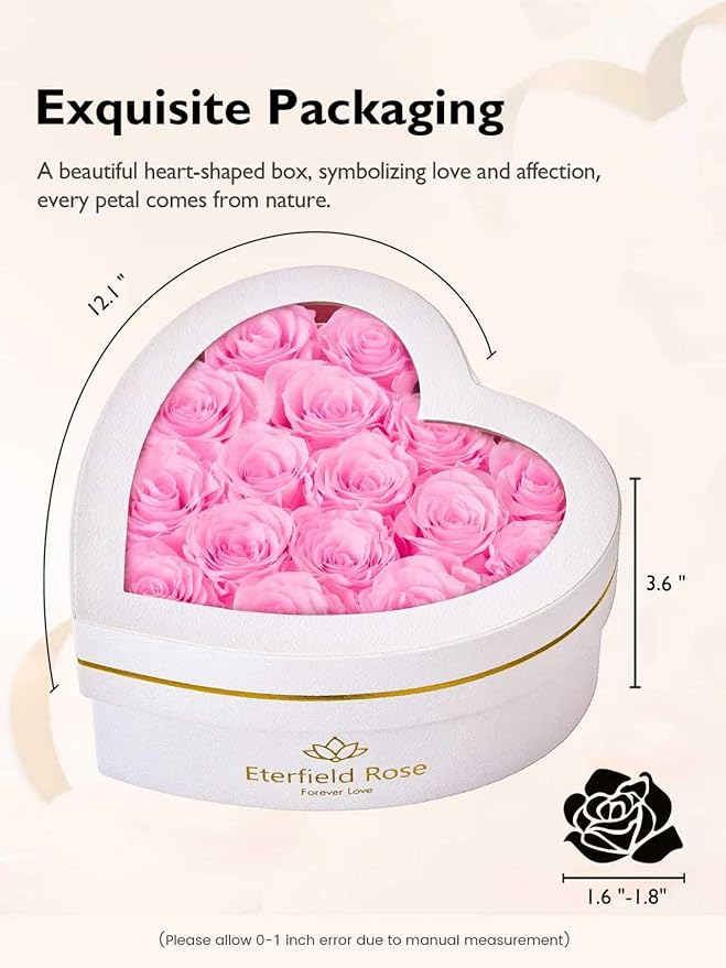 Eterfield 16 Forever Flowers in Heart Shape Box, Preserved Roses That Last a Year Preserved Flowers Birthday Gifts for Her Mom Women Wife Anniversary Valentines Day Mothers Day Christmas, Light Pink