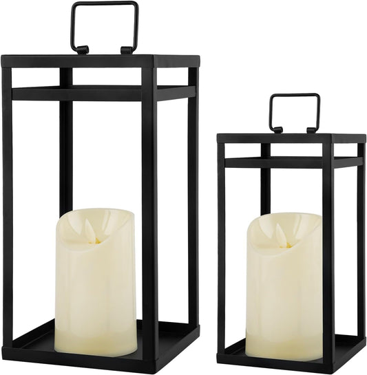 Modern Farmhouse Lantern Decor, 2Pcs Metal Candle Lanterns with Flameless Candles Black Decorative Lantern for Front Porch Covered Patio Dining Table Entryway Table Wedding Home Decor