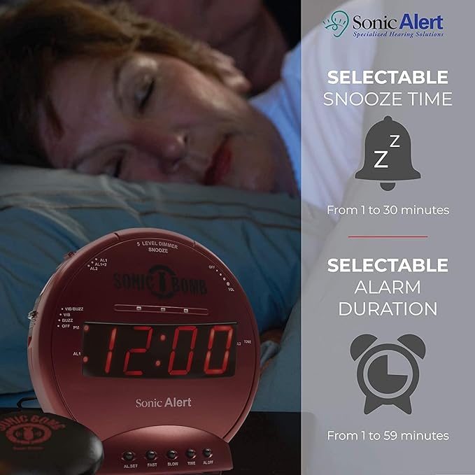 Sonic Alert Sonic Bomb Dual Alarm Clock with Bed Shaker, Red Vibrating Alarm Clock Heavy Sleepers, Battery Backup | Wake with a Shake