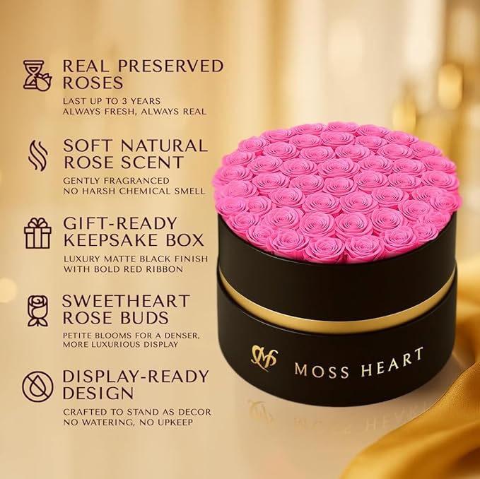50 Petite Preserved Roses, Designer Round Box, Real Forever Roses Last 1+ Year, Premium Gift for Women, Wife, Girlfriend, Mother’s Day, Birthday, Anniversary, Valentine’s Day