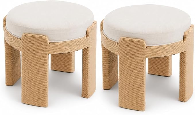 Round Ottoman Set of 2, Boho Hand-Woven Rope Upholstered Ktichen Vanity Chairs Accent Stool Fully Assembled for Bedroom Living Room, Beige Linen