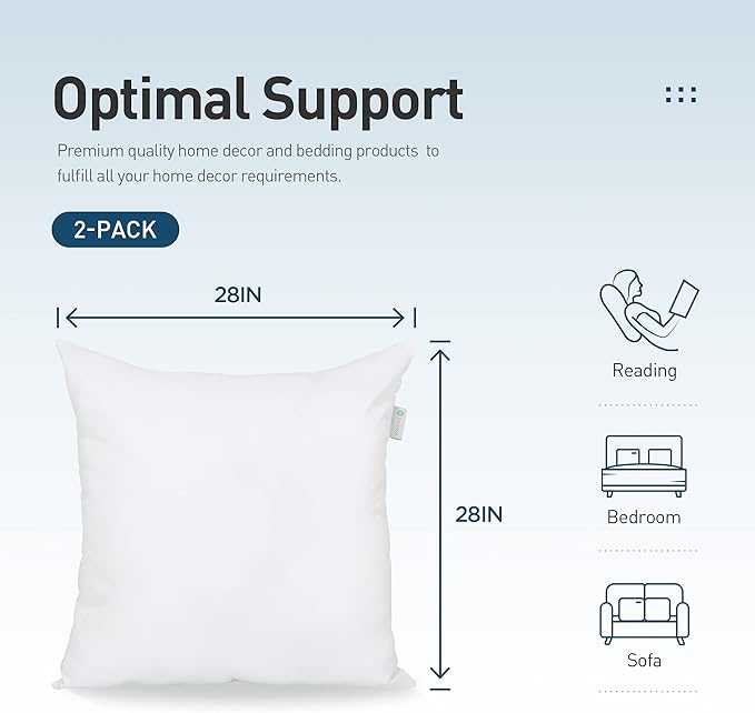 Acanva 28x28 Throw Pillow Inserts Pack of 2, Premium Polyester Fiber Fill Square Sham Stuffer Cushion for Sofa, Bed, Couch and Chair, Machine Washable, White