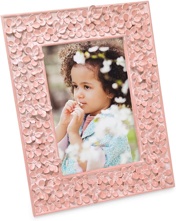 Isaac Jacobs 4x6 Pink Flower Textured Hand-Crafted Resin Picture Frame w/Easel & Hook for Tabletop & Wall Display, Decorative Floral Design Home Décor, Photo Gallery, Art (4x6, Pink)