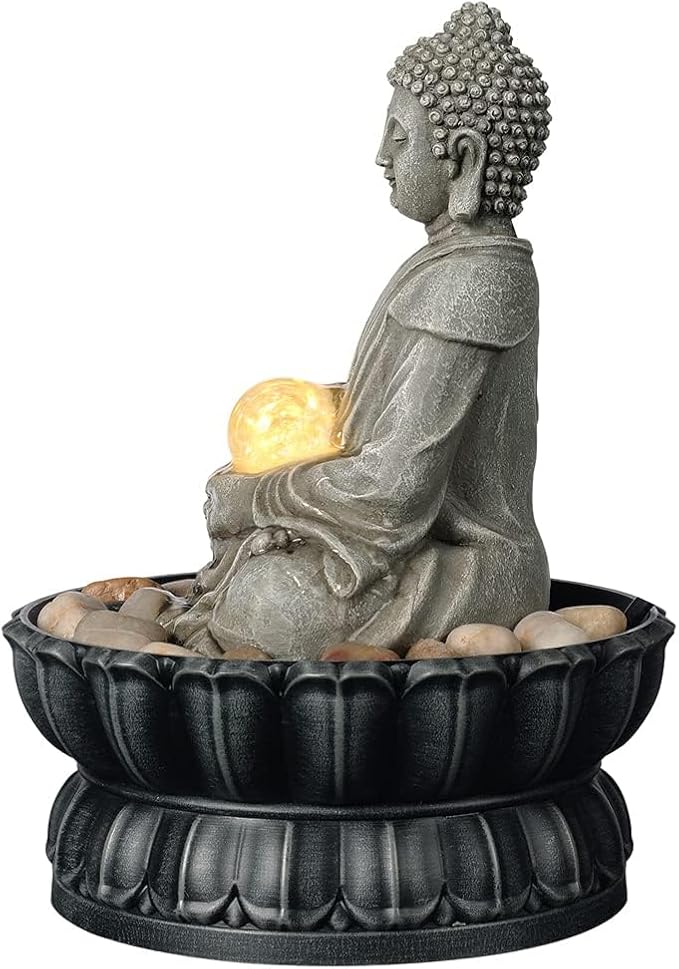 Kalona Tabletop Buddha Waterfall Fountain, Meditating Buddha Zen Fountain with LED Glass Orb, Relaxing Desk Water Feature for Home Office Decor(21127B)