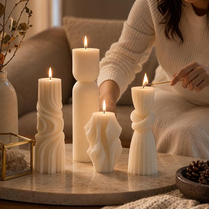 4-Pack Pillar Candles - Soy Wax Handmade Ribbed Candles for Home Decor, Housewarming Gift, Shelf & Table Decor - Aesthetic Modern Candles Set (Pearl White)