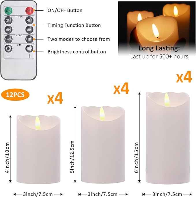 Oleitodh 12 Pack Flameless Pillar Candles with Remote and Timer, Flickering Battery Operated LED Candles, Realistic Melted Edge Plastic Candles for Wedding, Fireplace, Home Decor, White