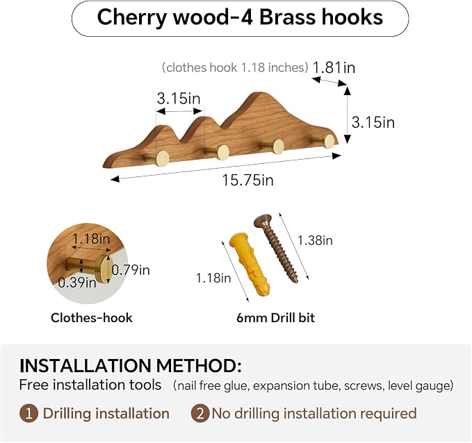 Elegant Wall Coat Rack with Hooks Cherry Wood Solid Coat Hanger Wall Mount with 4 Brass Hooks, Moisture-Resistant Wax Oil Finish for Home (Cherry, 4 Hooks)