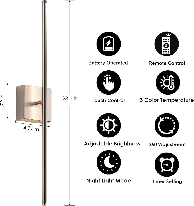 KARTOOSH Removable Battery Operated Wall Sconces with Remote Control, Stepless Colors 3000K-6000K & Dimming, 350°Rotate, LED Gold Wireless Wall Light for Living Room, Bedroom, 28.3 Inch (2 Pack)