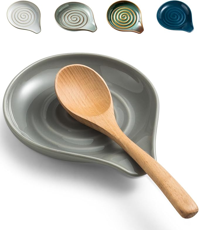 LAUCHUH Spoon Rest for Stove Top, 5 inch Ceramic Spoon Holder for Kitchen Counter Large Cooking Spoon Holder for Spatula, Ladle or Tongs, Heat-Resistant, Framhouse Decor for Mother's Day, Gray