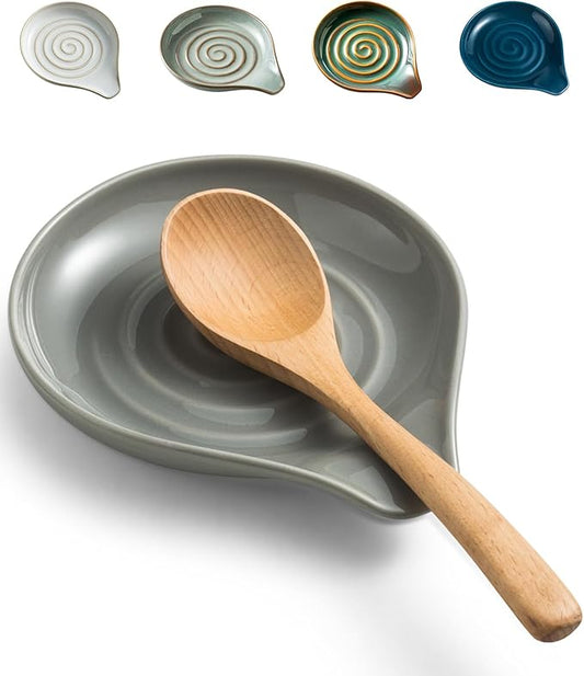 LAUCHUH Spoon Rest for Stove Top, 5 inch Ceramic Spoon Holder for Kitchen Counter Large Cooking Spoon Holder for Spatula, Ladle or Tongs, Heat-Resistant, Framhouse Decor for Mother's Day, Gray