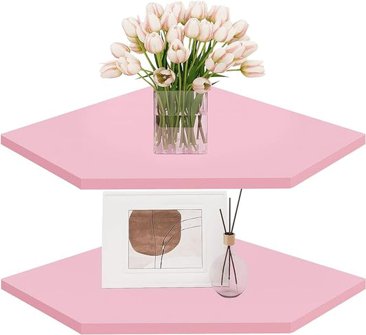 Homode Corner Floating Shelves, Corner Wall Shelf with Cord Hole, 2 Tier Wood Hanging Corner Shelf for Bathroom, Bedroom, Living Room, Pink