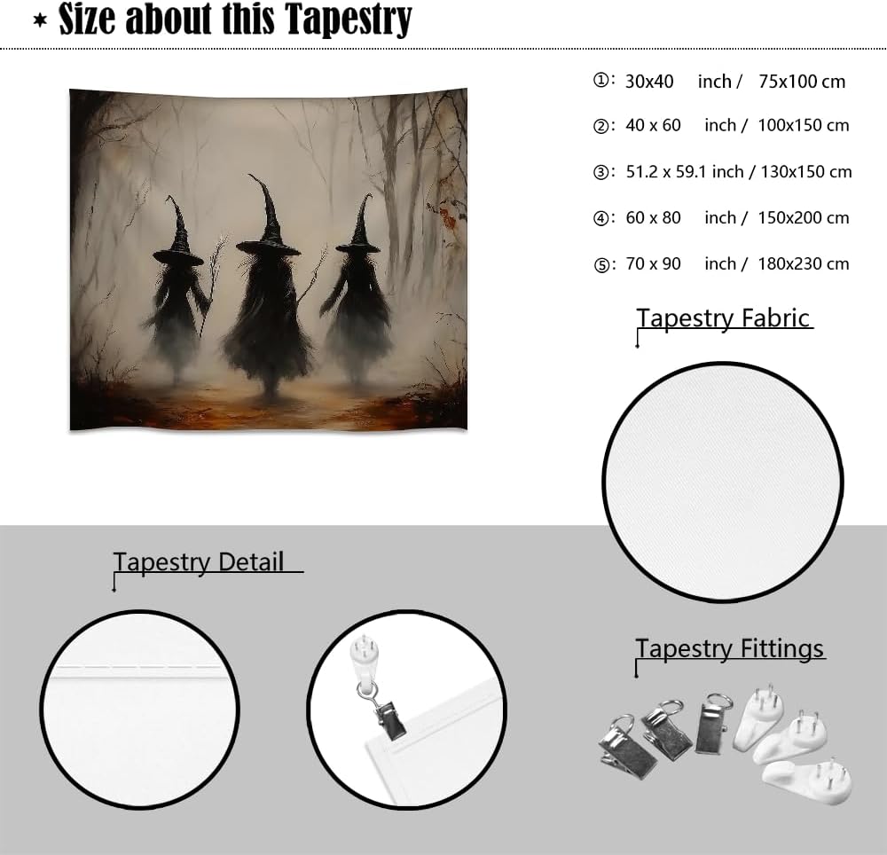 Witchy Halloween Tapestry Wall Hanging Vintage Spooky Witch Room Print Dark Academia Autumn Forest Three Witches Tapestries Decor for Halloween Living Room Bedroom Decoration 70x90inch
