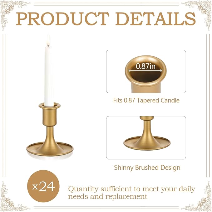 24 Pcs Gold Candle Holders,Taper Candle Holders Candlestick Holders Vintage Gold Low Metal Candles Sticks for Table Centerpiece Wedding Candlelight Dinner Christmas Birthday Decor