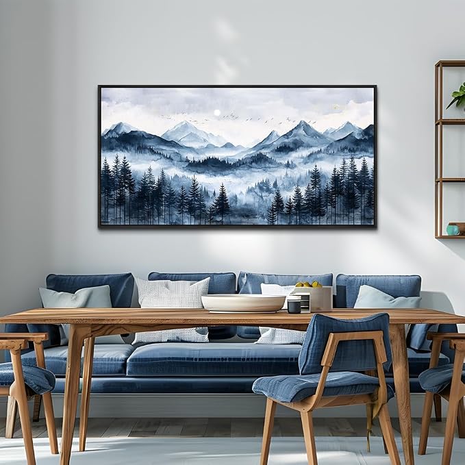 ERQINHUA Black Framed Canvas Wall Art For Bedroom Large Wall Decor For Living Room Modern Office Home Decorations Printed Misty and Fog Forest Painting Mountain Landscape Wall Aesthetics 24x48 In