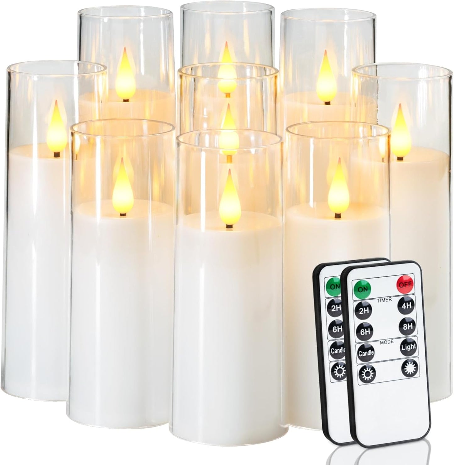 Amagic Pure White Flameless Candles, 9 Pack Battery Operated Candles with Remote and Timer, Acrylic Flickering Electric LED Candles for Wedding, Holiday Decor, D2.2''xH5''6" 7", Warm Yellow Glow