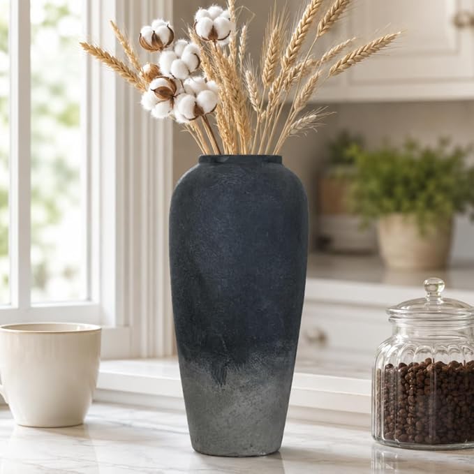 15 Inch Rustic Ceramic Vase, Black Flower Vase for Centerpieces, Farmhouse Decor for Living Room, Entryway & Kitchen, Vintage Pottery Vase for Wedding Gifts
