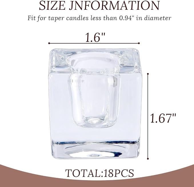 Glass Candlestick Holders Bulk for Taper Candles, Set of 18 Clear Glass Candle Holders for Family Party, Church and Wedding